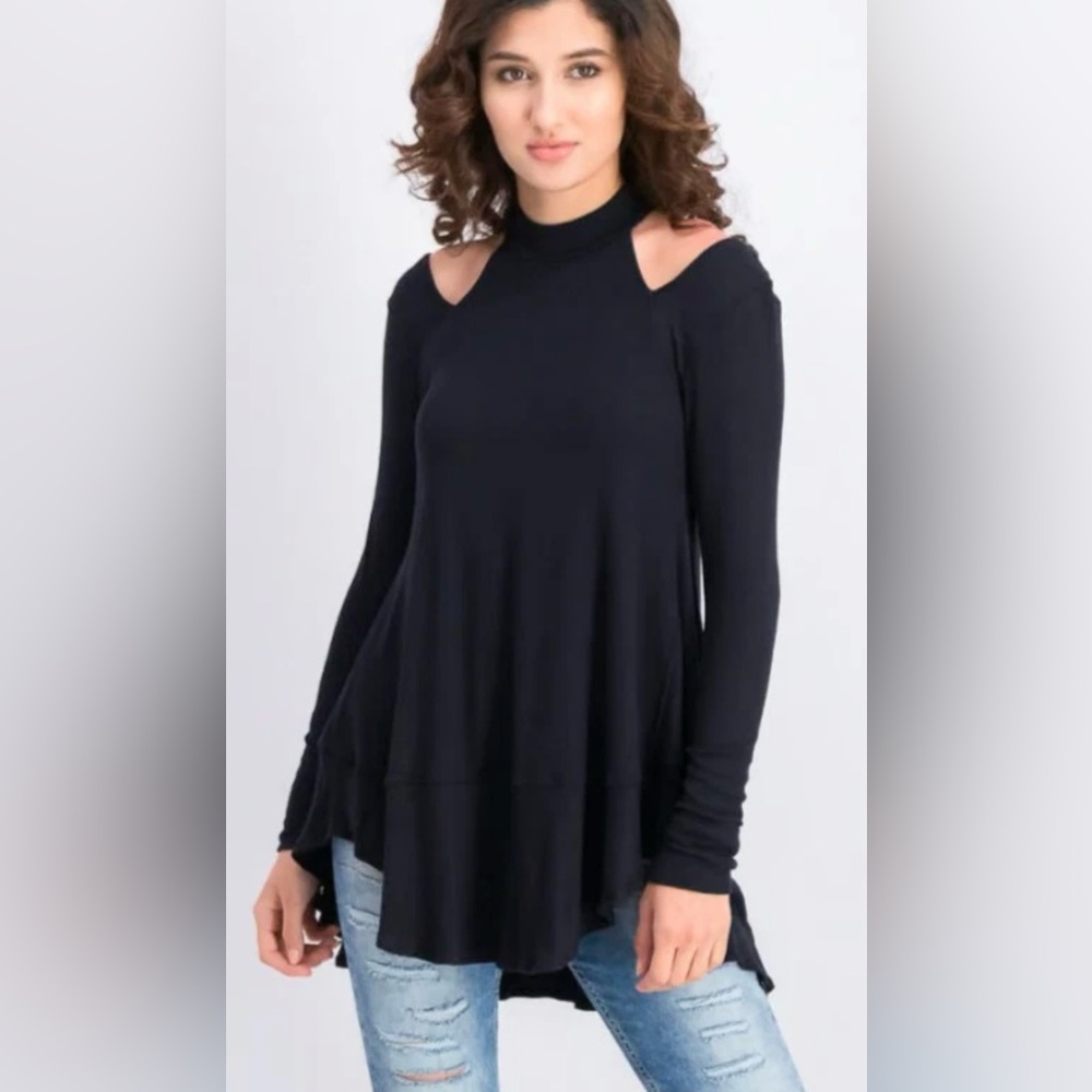Free People Downtown Girl Black Cut Out Flowy Mock Turtleneck S